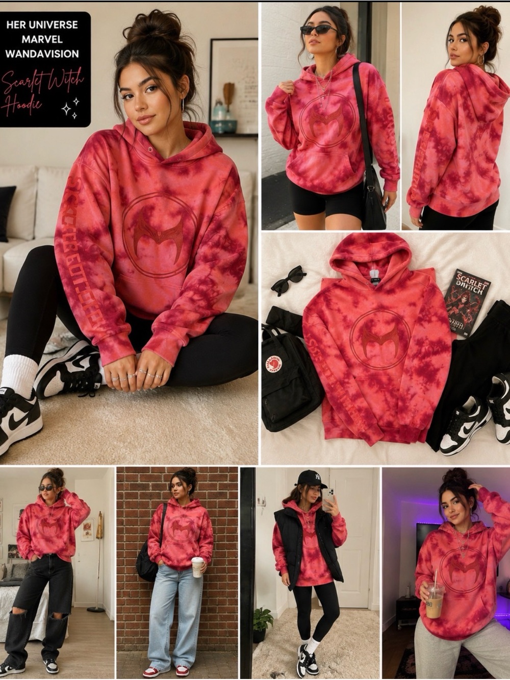 Her Universe Scarlet Witch Tie-Dye Marvel Hoodie Wanda Vision in Red and Pink